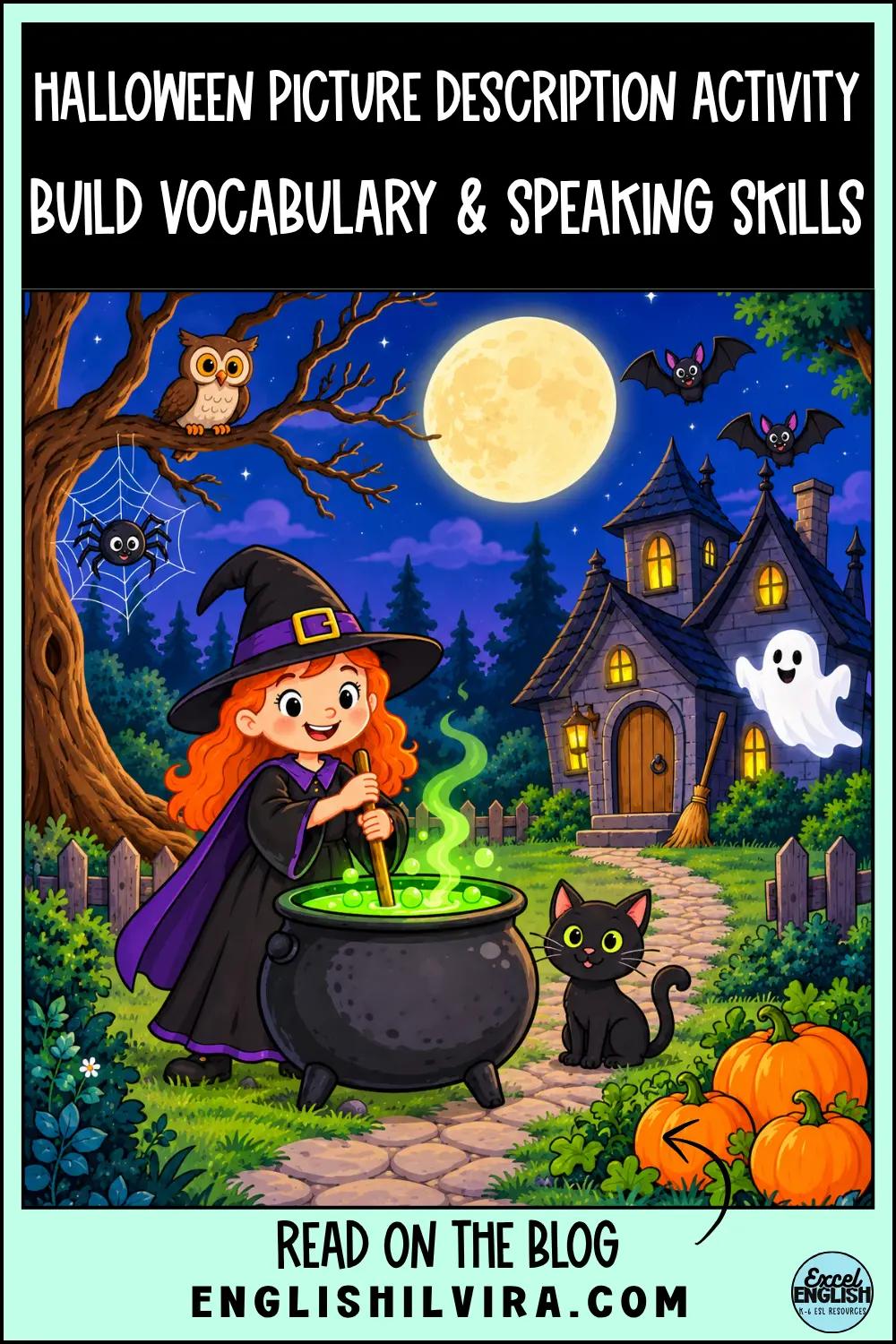 Halloween picture description activity with a witch, haunted house, ghost, pumpkins, bats and black cat.