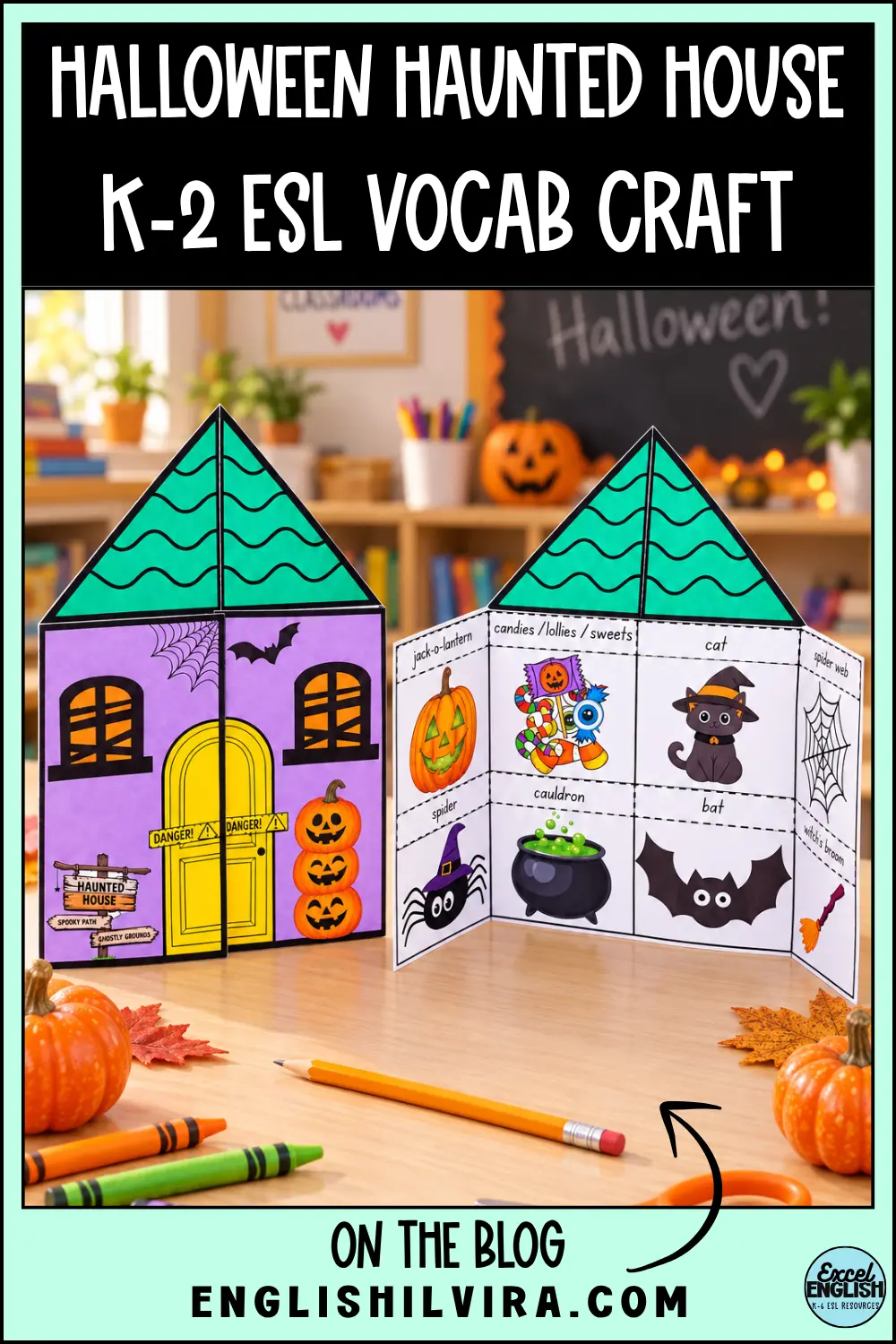 Halloween haunted house vocabulary craft with labelled pictures including pumpkin, cat, cauldron, bat and spider web.