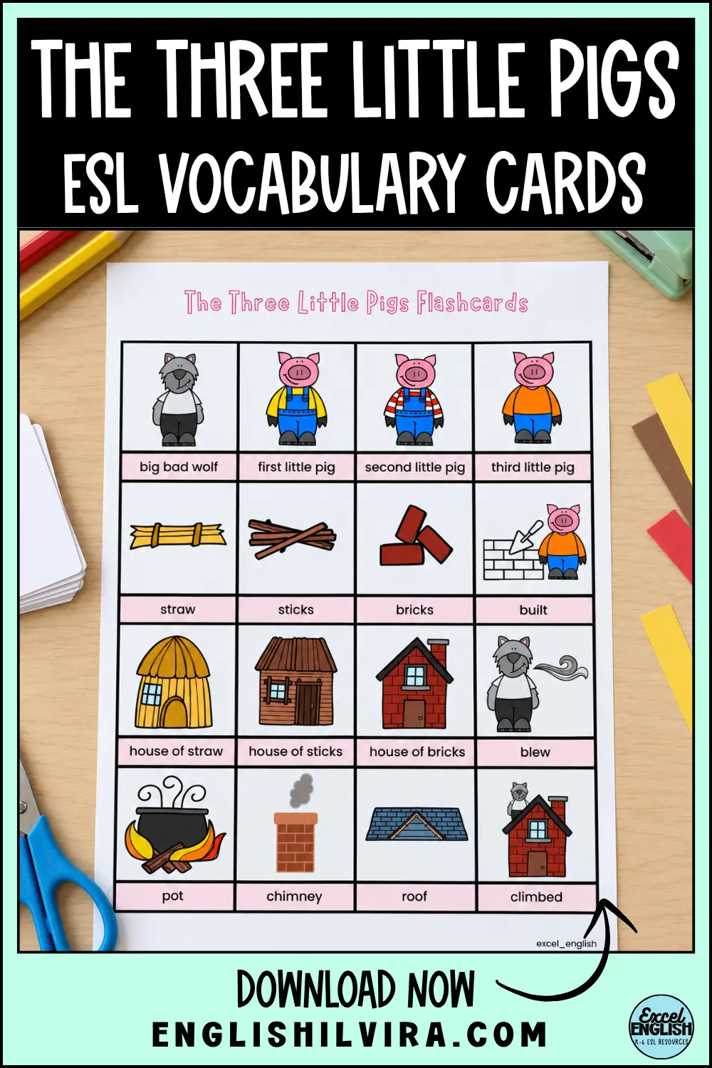 Sixteen illustrated Three Little Pigs vocabulary cards showing characters, building materials, houses, objects and action words.