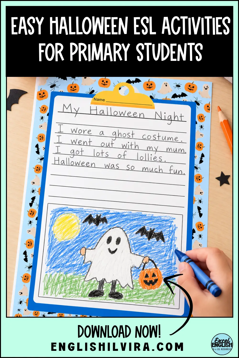 Halloween ESL writing activity with a student-written Halloween story and drawing of a ghost and pumpkin.