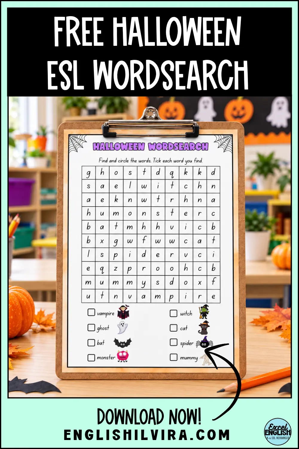 Free Halloween ESL word search with vampire, ghost, bat, monster, witch, cat, spider and mummy vocabulary.