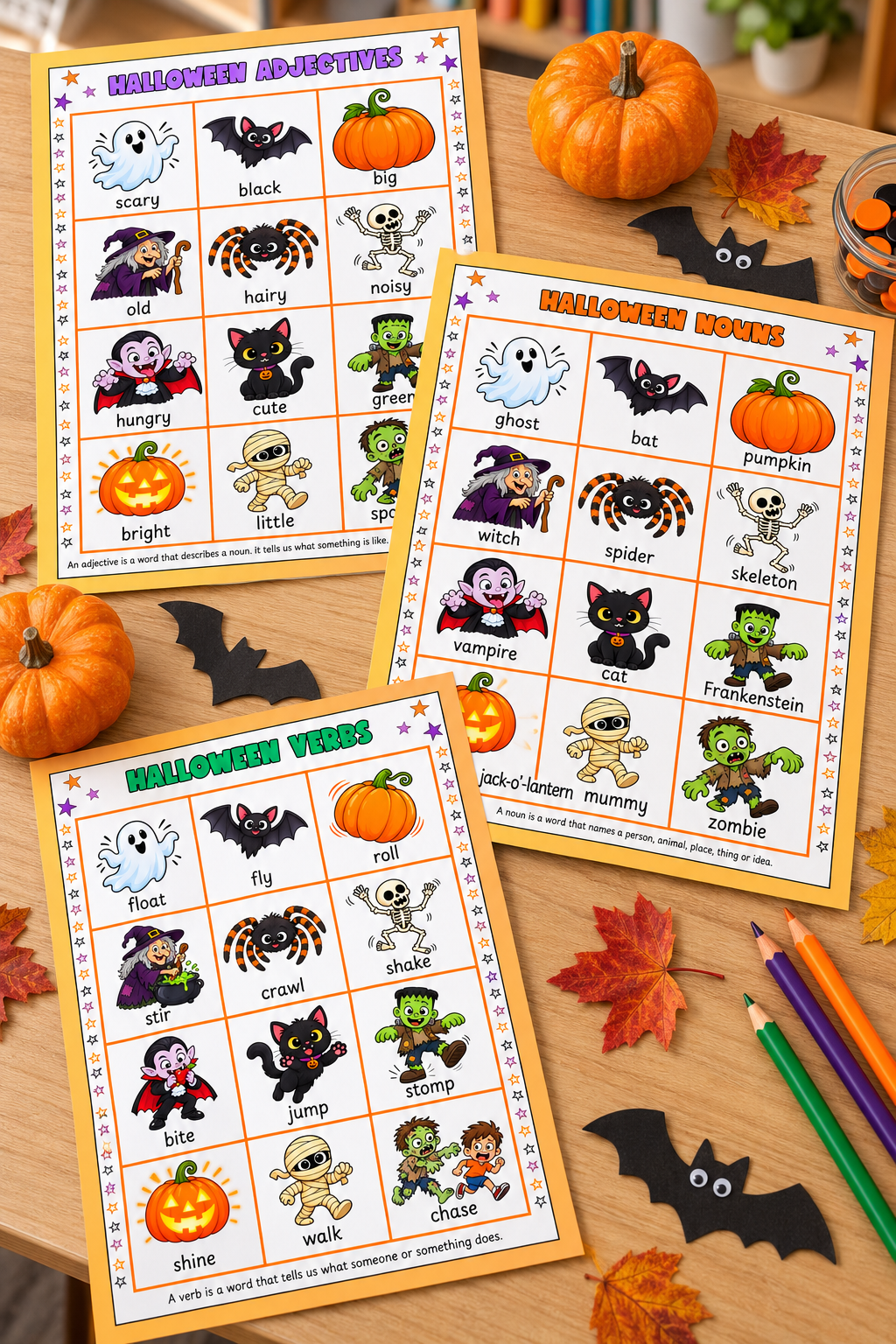 Free Halloween ESL vocabulary word mats with adjectives, nouns and verbs for primary English learners.