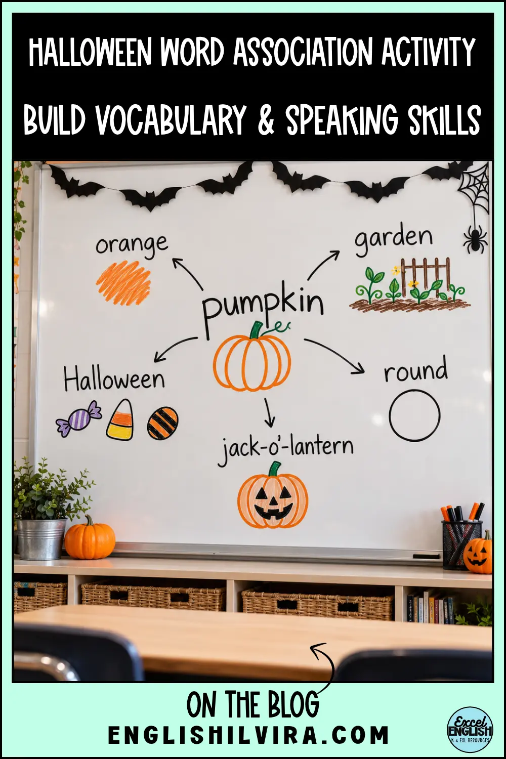 Halloween word association activity with pumpkin vocabulary on a classroom whiteboard.